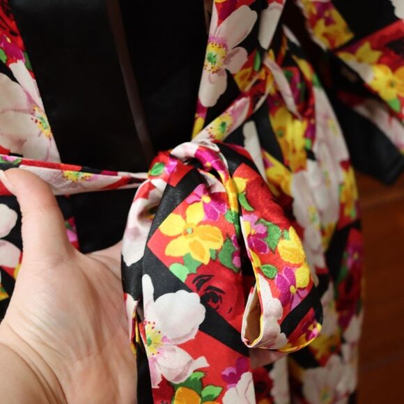Delicates Vintage 90s Black Floral Kimono Robe Belted Wrap Loungewear - Picture 5 of 12